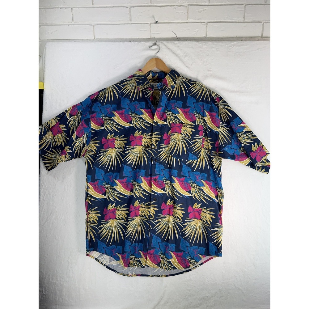 Impact Shirt Mens Large Blue Hawaiian Tropical Button Up‎ Short Sleeve Casual